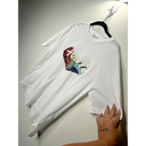 Fendi White Short Sleeve Round Neck Rainbow Sequined Fendi Roma Graphic Tee L - Picture 5 of 14